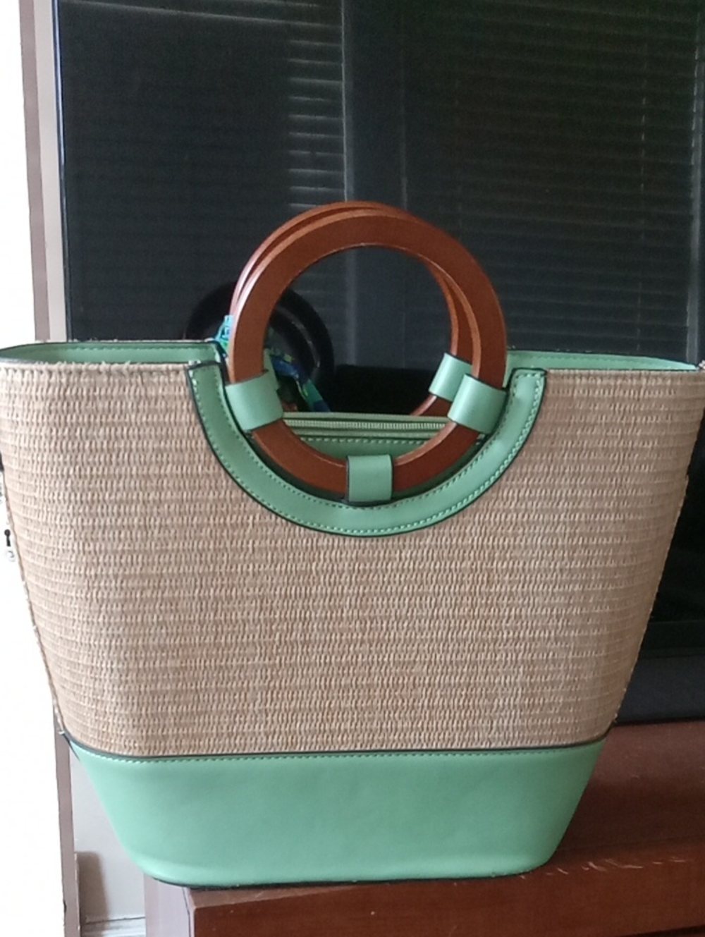Mint Green Straw Tote with Wooden Ring Handles
